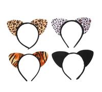 Homoyoyo Lot de 4 Serrage-têtes à Oreilles de Chat Imprimé Léopard Bandeaux Doux en Tissu Accessoires Cheveux pour Fête et Déguisement Motifs Noir Jaune Léopard et Tigre Décoration Garçon
