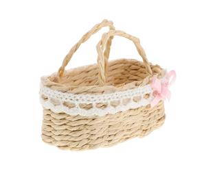 Homoyoyo Petit Panier Décoratif Miniature à Poignée pour Maison de Poupée, Modèle Rectangulaire en Osier Tressé Bordure Fleurie Rose, Accessoire Artisanal pour Décoration Micro Espaces