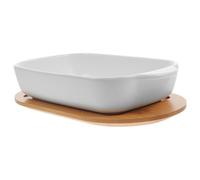 Homoyoyo Plat de Cuisson Céramique Rectangulaire avec Double Anses Base Bois Résistant Aux Rayures pour Rôtir et Servir Poulet Légumes Pizza pour Usage Quotidien et Rassemblements