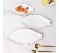 Homoyoyo Plateau de Service Poisson en Céramique 14 Pouces Bord Doré Assiette Plate de Poisson Plat Ménager pour Apéritifs Sushis et Fruits Assiette Décorative Résistante et Facile à
