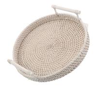 Homoyoyo Plateau Rond Rotin Tissé Naturel avec Poignées Portables Corbeille Multifonctionnelle pour Fruits Snacks Plateau de Service Décoratif Respirant pour Cuisine Salon Café