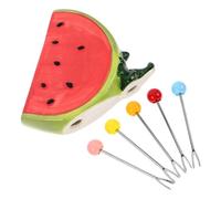 Homoyoyo Set de 5 Mini Fourchettes à Fruits en Acier Inoxydable Colorées avec Pot de Rangement en Céramique Forme Pastèque Fourchettes à Dessert et Apéritif Réutilisables pour Fruits
