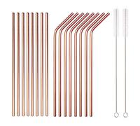 HOMQUEN Pailles en acier inoxydable au cuivre, 18 pièces, Pailles à boire réutilisables de 8,5 '' en or rose, avec étui pour portable (8 droites / 8 courbes / 2 brosses)