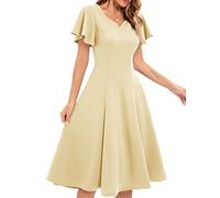 HomRain Robe de cocktail décontractée à manches volantées et col en V pour femme, champagne, S