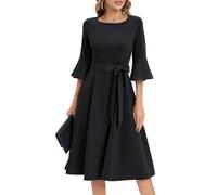 HomRain Robe mi-longue à manches cloches pour femme, coupe ajustée et évasée, élégante, avec ceinture, robe de travail formelle pour l'hiver, le printemps, l'été, l'automne, Noir , M