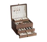 Homruilink Coffret à bijoux en bois, grand organisateur à 3 niveaux pour femmes, rangement pour colliers, bagues, boucles d'oreilles, montres et bracelets, en noyer noir, cadeau de Noël