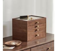 Homruilink Coffret à bijoux en noyer noir pour femme, grand modèle à 4 tiroirs avec couvercle en verre, idéal pour ranger colliers, montres, bagues et boucles d'oreilles - Idée cadeau de Noël