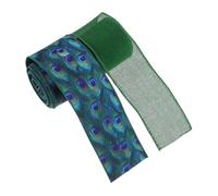 HOMSFOU 2 Pièces Rubans Polyester à Fil Vert avec Imprimé Plume de Paon Ruban Rigide pour Décorations de Noël Noeuds et Projets DIY