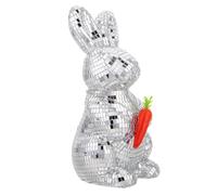 HOMSFOU Figurine Lapin Disco de Pâques Boule Miroir Argentée, Décoration Festive Animalière pour Table et Bureau, Statuette Décorative Rétro, Accessoire Original pour Fête et Centre
