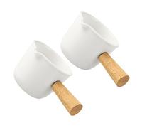 HOMSFOU Lot de 2 Mini Crémier en Porcelaine Blanche Manche en Bois, Pichet à Lait Multifonction pour Café, Sauce et Sirop, Ustensile la Cuisine Polyvalent pour Maison et Barista, 60 Ml