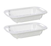 HOMSFOU Lot de 2 Passoires Rétractables Blanches, Paniers Égouttoirs Extensibles Rectangulaires en Plastique, Accessoires la Cuisine Essentiels pour Égoutter Fruits et Légumes sur Évier