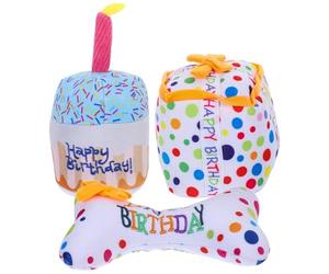 HOMSFOU Lot de 3 Peluches pour Chats Anniversaire Jouets à Mâcher et Couineurs, Petit Gâteau en Peluche, Présent Interactif pour Chatons, de Dentition, Accessoires Amusants pour Animaux