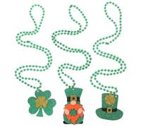 HOMSFOU Lot de 3 Set de Colliers Perles Verts Saint-patrick Pendentifs Trèfle, Chapeau et Lutin, Accessoires Décoration Fête Irlandaise pour Garçon et Filles et Adultes, Bijoux Festifs