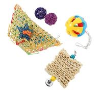 HOMSFOU Lot de 5 Set de Set de Jouets Suspendus pour Poules et Perroquets, Jouets à Mâcher en Bambou Tressé Luffa Effiloché, Distributeur de Nourriture pour Cage, Couleur Aléatoire