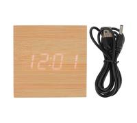 HOMSFOU Réveil Électronique en Bois Naturel Carré 12x12 Cm Affichage LED Blanc, Affichage Température et Fonction Silencieuse, Réveil de Chevet USB pour Chambre et Bureau