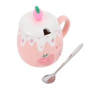 HOMSFOU Tasse en Céramique Décorative avec Couvercle et Cuillère, Motif Fraise en Relief, Couleur Rose, Capacité Standard, pour Thé et Café la Maison Bureau, Mug Isotherme Pratique