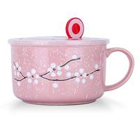 HOMSPE Ensemble de bols en céramique de 887 ml avec couvercle et poignée, motif fleurs de cerisier parmi flocons de neige, micro-ondes pour nouilles instantanées, bol à céréales (rose)