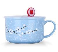 HOMSPE Ensemble de bols en céramique de 887 ml avec couvercle et poignée, motif fleurs de cerisier parmi flocons de neige, micro-ondes pour nouilles instantanées, bol à céréales (bleu)