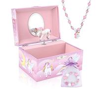 Homtibrm Boîte à bijoux musicale pour filles avec ensemble de bijoux licorne, boîte à bijoux pour enfants avec poney arc-en-ciel, cadeau d'anniversaire pour filles, Over the Rainbow Tune