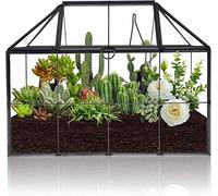 Homtone Grand Terrarium géométrique de 23 cm, boîte en Verre Faite à la Main, Pot de Fleurs Miniature Vintage pour Plantes Grasses, Cactus, Plantes aériennes (Forme de Maison Noire)