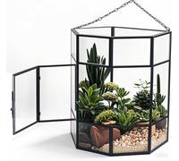 Homtone Terrarium en Verre Hexagonal 17x10 cm avec chaîne Suspendue, Rangement des Plantes Faites à la Main en Laiton et Verre durci, Porte latérale pour Un Bon Soin, Un Bon Choix en Cadeau