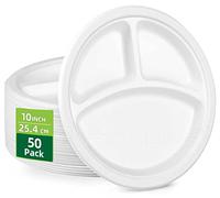 HOMURG assiette carton jetable ronde 25 cm, assiettes jetables anniversaire blanc portion régime, assiette 3 compartiments rigide, assiettes divisée blanche en papier restauration 50 pièces