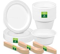 HOMURG vaisselle carton jetable solide blanc pour anniversaire mariage, ensemble assiettes en papier rigide et bols jetables de noël bapteme, service de table complet 150 pièces fête 30 personnes