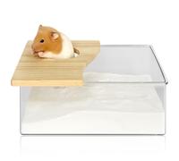 HOMURY 1 pièce Bain de sable pour hamster : boîte de bain en acrylique pour hamster avec demi-couverture en bois massif, toilettes pour hamster chinchilla, ours dorés, gerbiles (rectangulaire, 20 x 15