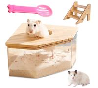HOMURY Boîte de salle de bain en acrylique transparent pour hamsters, hamsters, gerbilles, avec échelle, couvercle en bois naturel et pelle, bac à sable pour hamsters, gerbilles (triangle)
