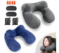 HOMURY Lot de 2 coussins de nuque gonflables : coussin de nuque gonflable avec bandeau pour les yeux et sac de voyage pour camping, avion, voyage, train, voiture, bureau