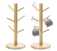 HOMURY Lot de 2 porte-tasses en bois de bambou avec 6 crochets, porte-gobelets en bois, porte-bretzel, porte-bretzel, arbre à tasses, accessoires pour comptoir de cuisine, tablette