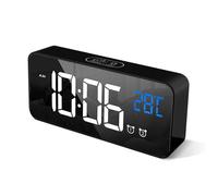HOMVILLA Réveil Numérique avec Grand Affichage de la Température LED, Alarme de Miroir Portable avec Double Alarme Roupillon Temps Gradateur de Luminosité Réglable sur 4 Niveaux (Noir)