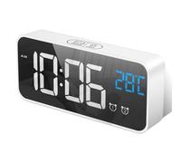 HOMVILLA Réveil Numérique avec Grand Affichage de la Température LED, Alarme de Miroir Portable avec Double Alarme Roupillon Temps Gradateur de Luminosité Réglable sur 4 Niveaux (Blanc)