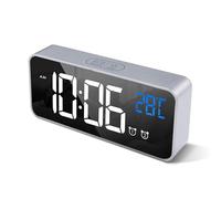 HOMVILLA Réveil Numérique avec Grand Affichage de la Température LED, Alarme de Miroir Portable avec Double Alarme Roupillon Temps Gradateur de Luminosité Réglable sur 4 Niveaux (Argent)