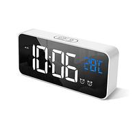 HOMVILLA Réveil Numérique avec Grand Affichage de la Température LED, Alarme de Miroir Portable avec Double Alarme Roupillon Temps Gradateur de Luminosité Réglable sur 4 Niveaux (Blanc)