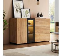 HOMVRA Buffet bas 140 cm avec 3 tiroirs, 1 porte, vitrine en verre réglable et LED RGB noir et décor bois