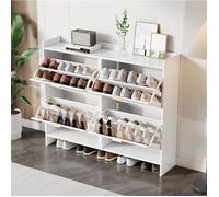HOMVRA Meuble à chaussures moderne 110×24×90 cm avec 4 compartiments à rabat et étagères ouvertes, blanc
