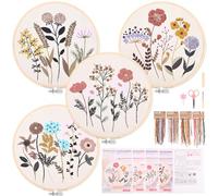 Homwiz Kit Broderie Debutant, 4 Kits de Broderie pour Motifs Floraux et Végétaux, avec 2 Cercles en Bambou Fils Colorés Instructions Aiguille Ciseaux pour Enfants Artisanat DIY