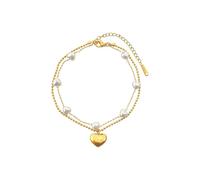 Homxi Bracelet Cheville Été Or Femme, Bracelet de Cheville Femme en Acier Inoxydable Double Couche avec Cœur et Perles - 20cm + 5cm Chaîne d'extension