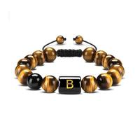 Homxi Homme Femme Perle Bracelet Pierre Naturelle,Bracelet en Perle Femme Perles 10MM avec Lettre B Œil de Tigre Bracelet Brun