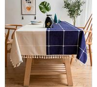 Homxi Nappe Moderne Salle a Manger Rectangulaire 140 W x 220 L CM,Petite Nappe Table Bleu Marin Épissage À Carreaux avec Glands Chenille Nappe de Table Exterieur