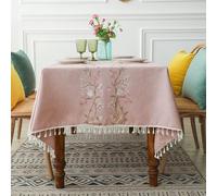 Homxi Petite Nappe Rectangle pour Gueridon 140 W x 300 L CM,Petite Nappe pour Table Basse Rose Broderie de Fleurs avec Pompons Polyester Nappe Table de Salon