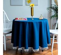 Homxi Petite Nappe Ronde pour Gueridon 110CM,Nappes Antitaches Bleu Foncé Couleur Unie avec Gland Coton Lin Nappe Exterieure Jardin