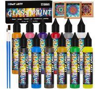 HOMY ARTY Peinture sur Verre 12 x 30ml avec 2 Pinceaux | Peinture Vitrail Imperméable Transparente, Kit Peintures pour Verre Permanent Sans Cuisson pour Verre, Céramique