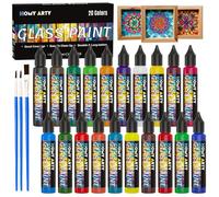 HOMY ARTY Peinture sur Verre 20 x 30ml avec 3 Pinceaux, Peinture Vitrail Imperméable Transparente, Kit Peintures pour Verre Permanent Sans Cuisson pour Verre, Céramique, Ampoules et Fenêtres