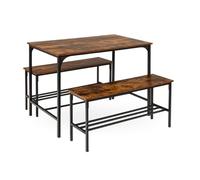 Homy Casa Ensemble de table de salle à manger 3 pièces avec 2 bancs de rangement, table de cuisine de 110 cm, 2 bancs de rangement de 100 cm chacun, plateau en bois vintage et cadre en métal noir,