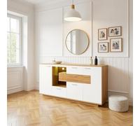 HOMYLIN Armoire de couloir moderne avec lumière LED, 160 cm, meuble de rangement avec 2 portes et 4 tiroirs, organiseur d'entrée, blanc