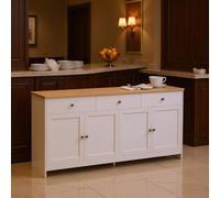 HOMYLIN Armoire de service buffet de 160 cm avec tiroirs et portes, dessus blanc et chêne, préparation des aliments et rangement de service, blanc