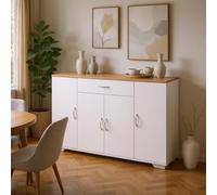 HOMYLIN Buffet de salle à manger moderne avec dessus en grain de chêne, 1 tiroir et armoires à double couche, étagères réglables, rangement buffet MDF finition lin, blanc