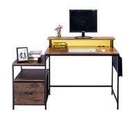 HOMYLIN Bureau d'ordinateur avec tiroir en Tissu et Support pour écran, 100 cm, Table d'étude, avec étagères de Rangement, Bureau de Jeu avec Prises et lumières LED, pour Les travaux d'étude, Marron